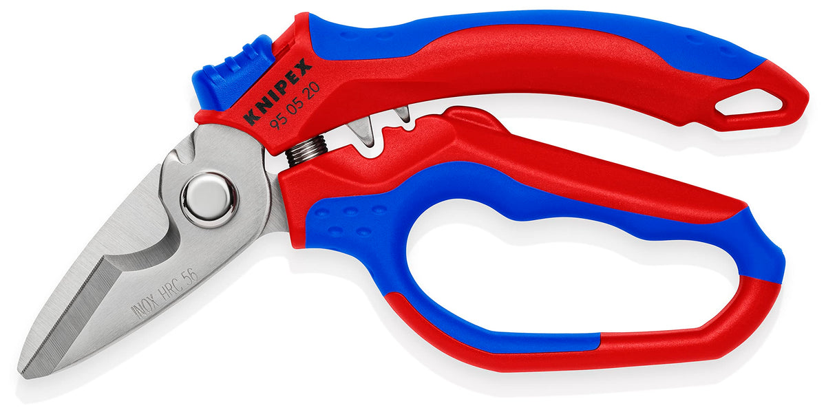 KNIPEX 95 05 20 US angled electricians' shears showcase ergonomic grip for comfortable use.