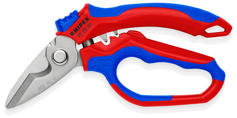 KNIPEX 95 05 20 US angled electricians' shears showcase ergonomic grip for comfortable use.