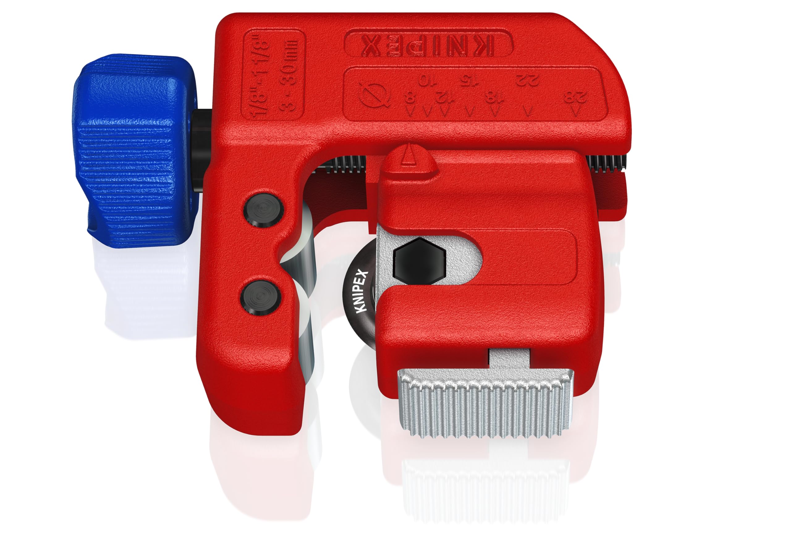 KNIPEX TubiX S pipe cutter shows minimal cutting radius in tight spaces.