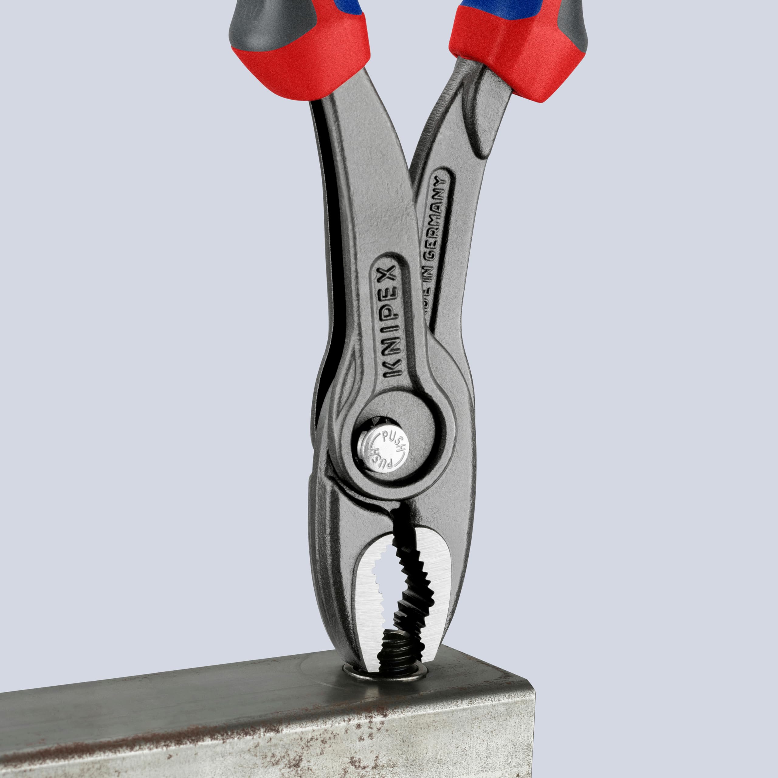 KNIPEX TwinGrip 8-inch three-point system stabilizes flat workpieces while tightening
