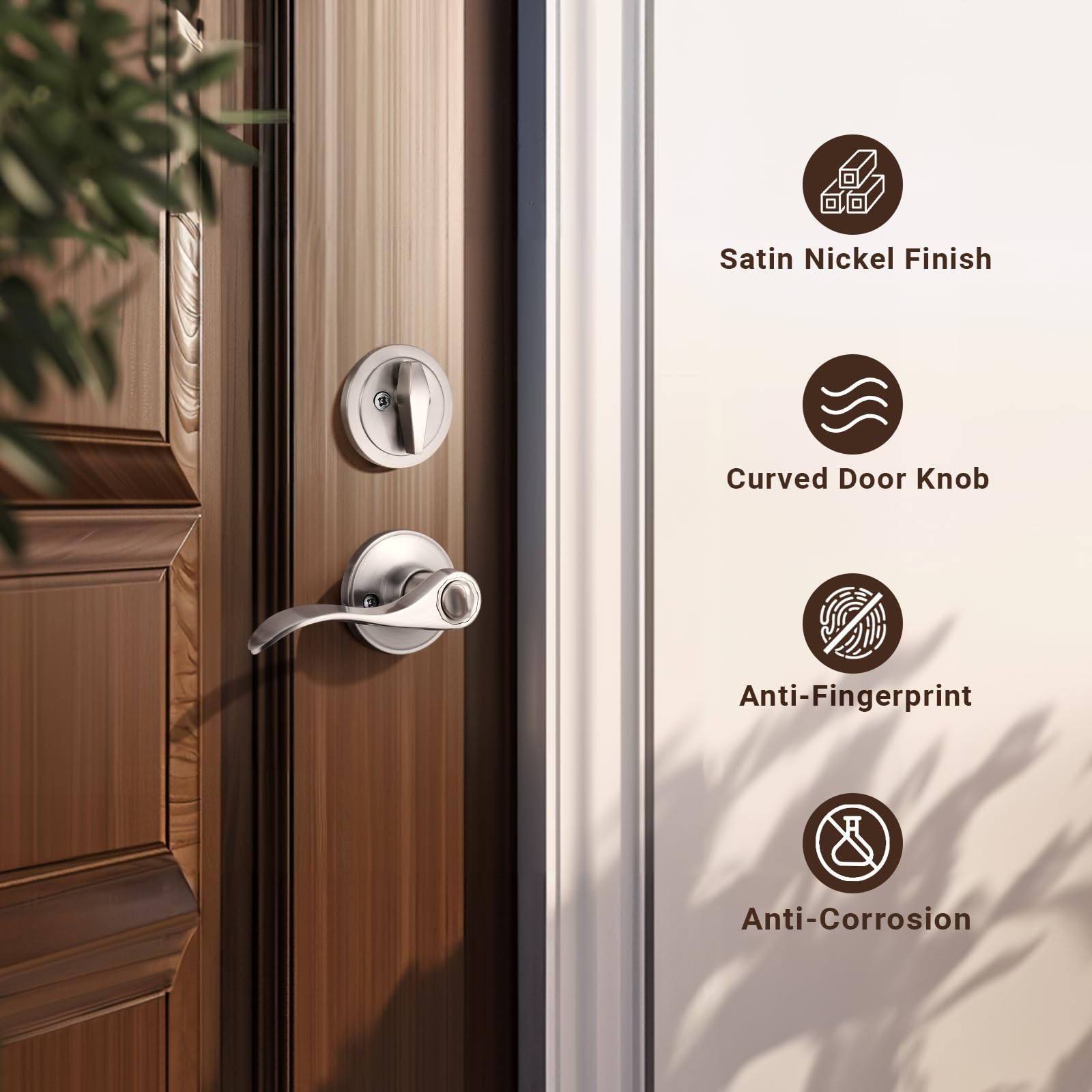 Exterior door handle with single-cylinder deadbolt provides exterior key access.