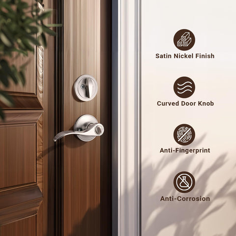 Exterior door handle with single-cylinder deadbolt provides exterior key access.
