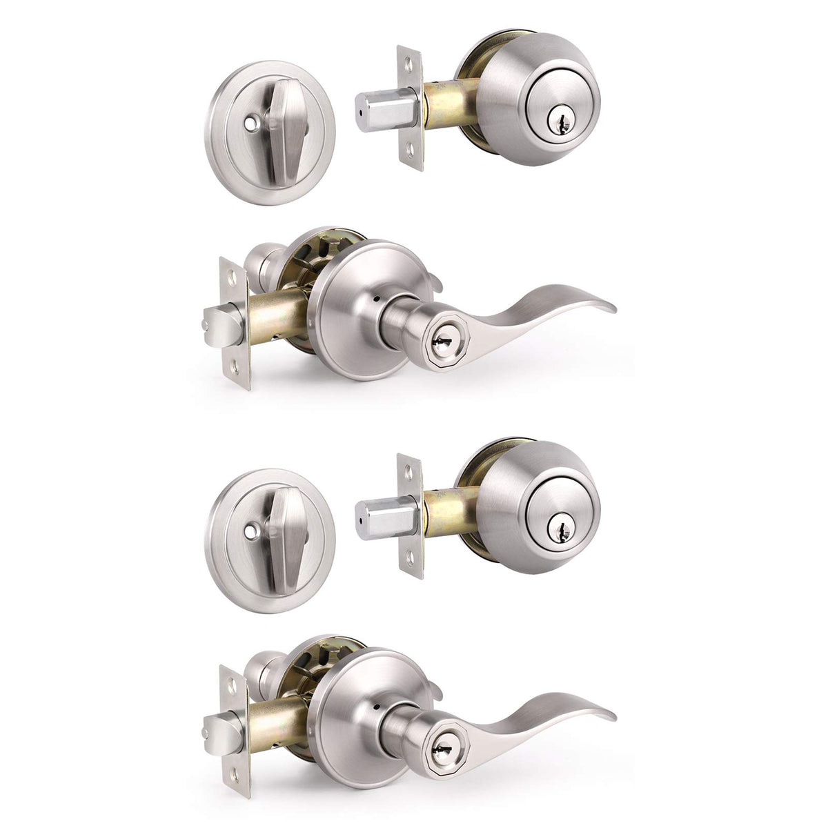 Knobonly two-set exterior lockset with satin nickel finish for secure entry.