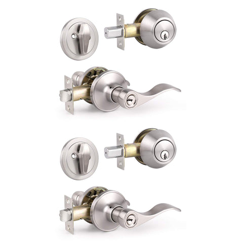 Knobonly two-set exterior lockset with satin nickel finish for secure entry.