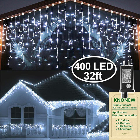 KNONEW 400 LED curtain lights on a 33ft frame with 75 drops for warm ambience