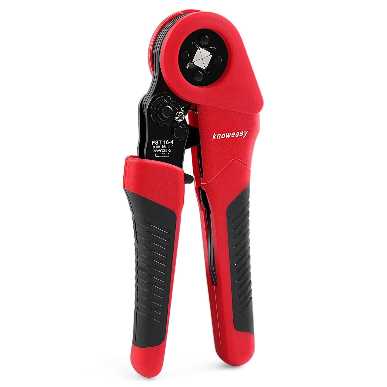 Knoweasy 16-4 ferrule crimping tool front angle shows precise, square crimps for reliable wiring