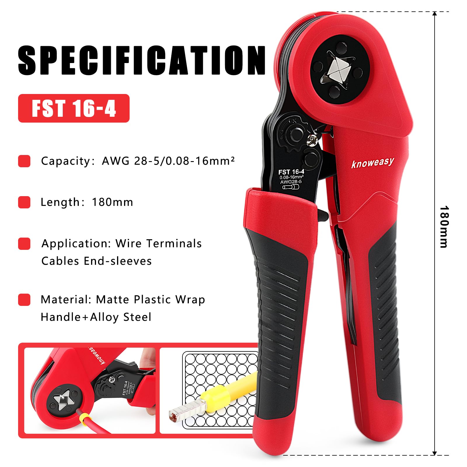 Knoweasy ferrule crimping tool side view highlights ergonomic grip for long use