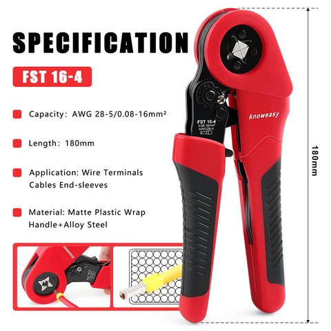 Knoweasy ferrule crimping tool side view highlights ergonomic grip for long use