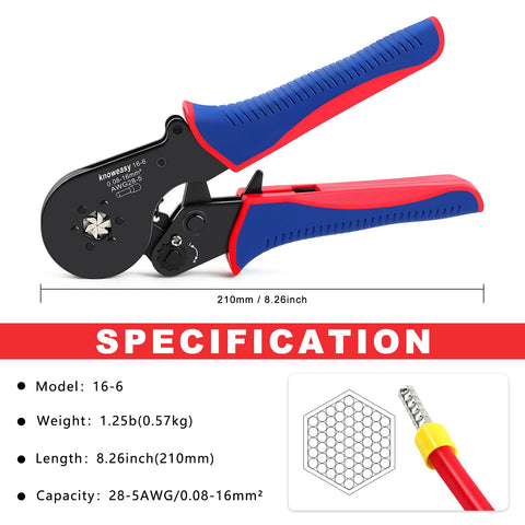 Knoweasy 16-6 ferrule crimp tool supports 0.5-16 mm² cables.