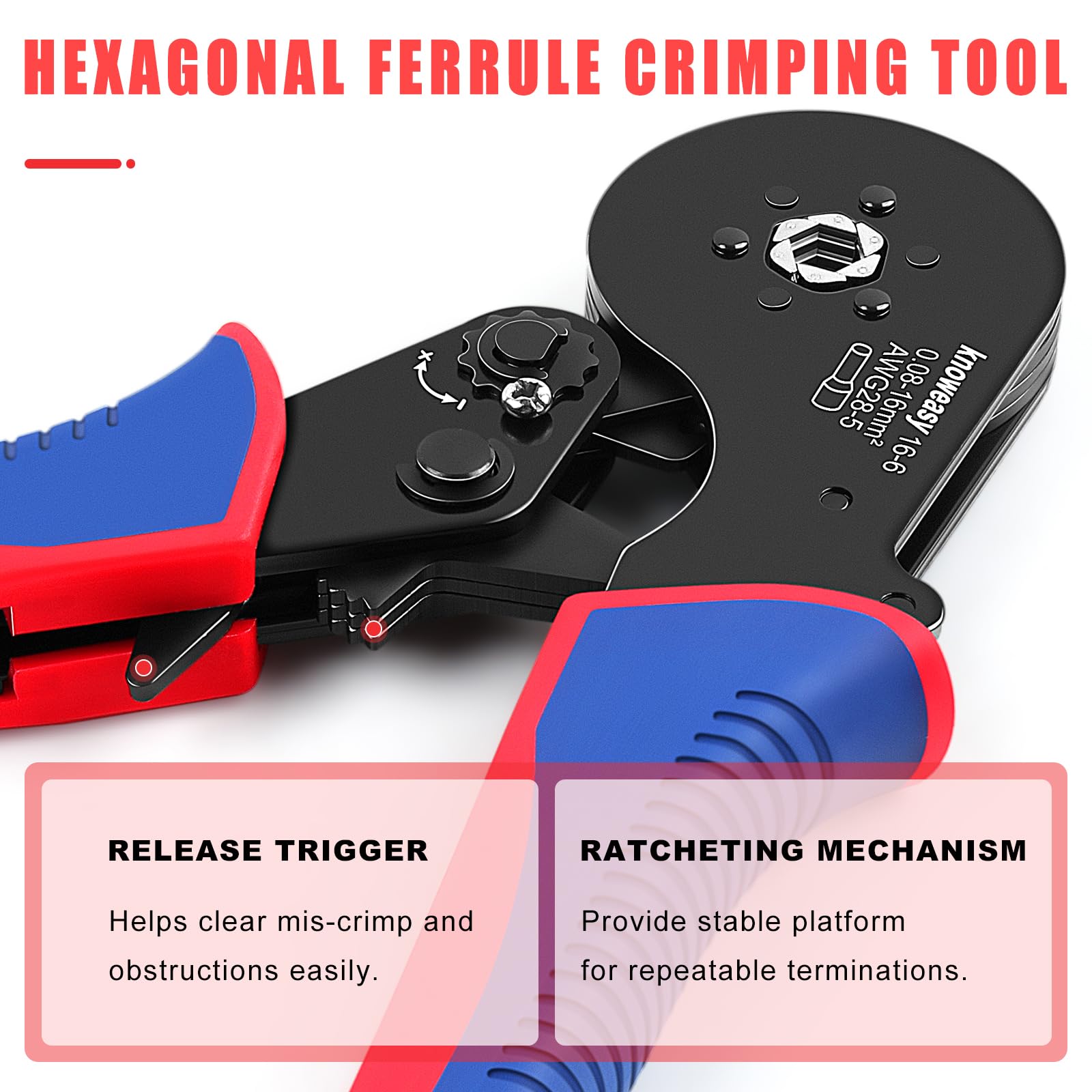 Knoweasy auto-diameter-adjustment ensures correct crimp size automatically.
