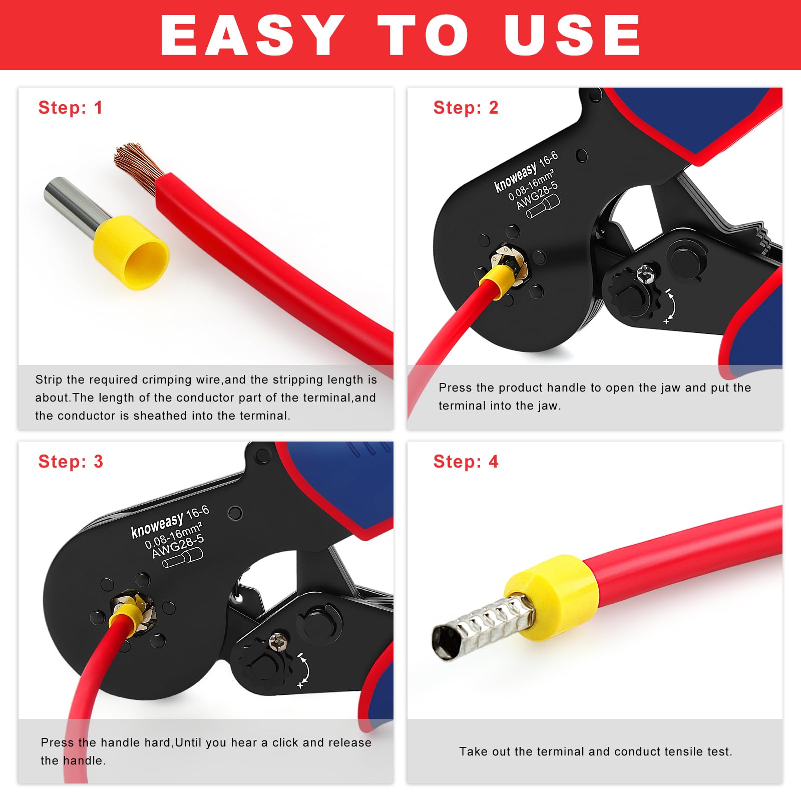 Knoweasy ergonomic-crimp-handle enables comfortable, precise operation.