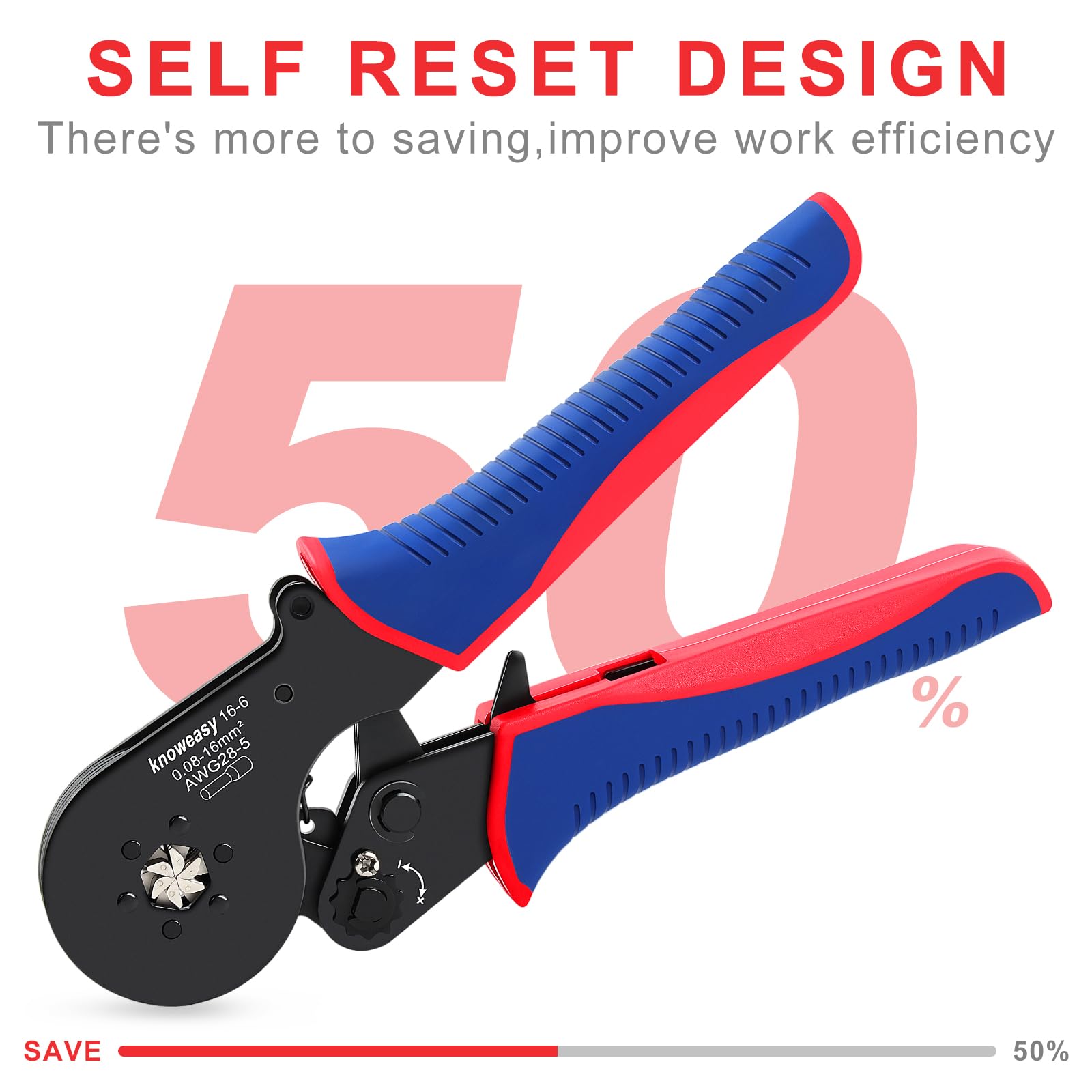 Knoweasy six-serrated-crimp-surfaces ensure tight, consistent crimps.