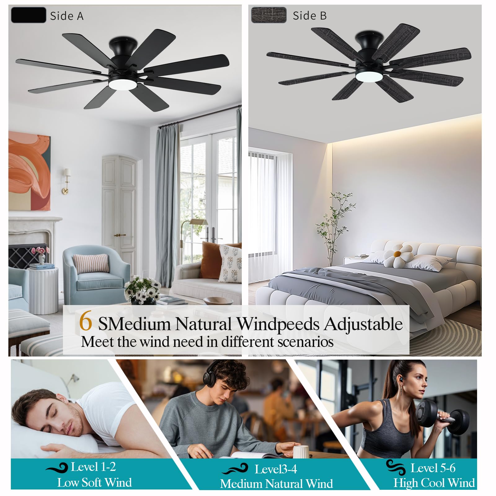 KNUN app control enables smart adjustments for the 52-inch ceiling fan.