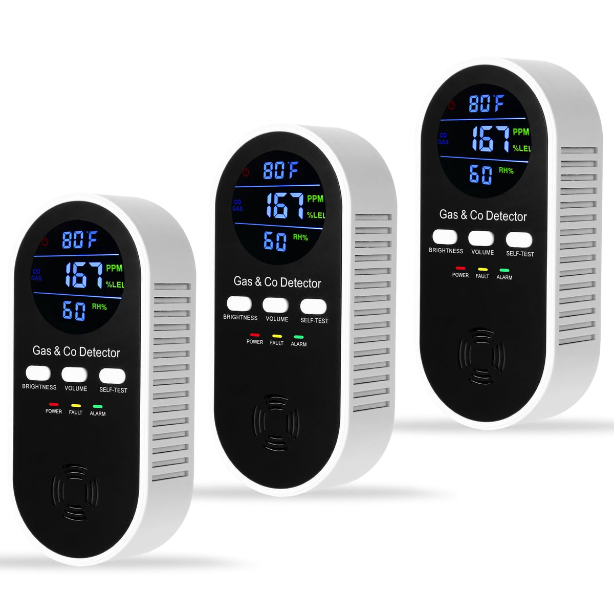 KOABBIT 3-pack 5-in-1 CO detector plugged in with real-time readings.