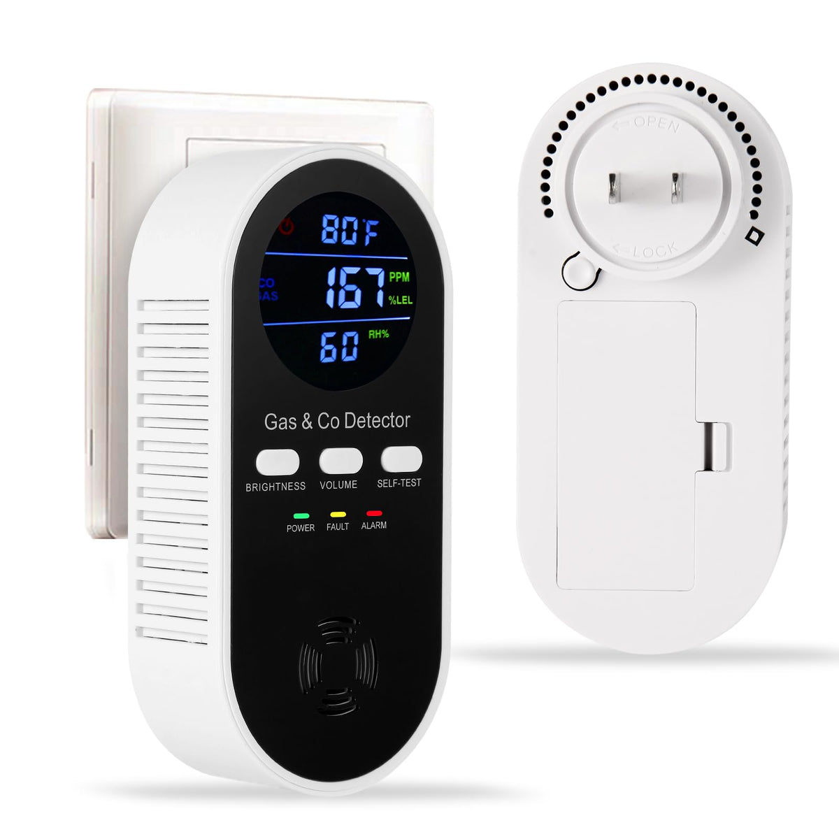 KOABBIT 5-in-1 detector front view displaying CO and gas levels for home safety