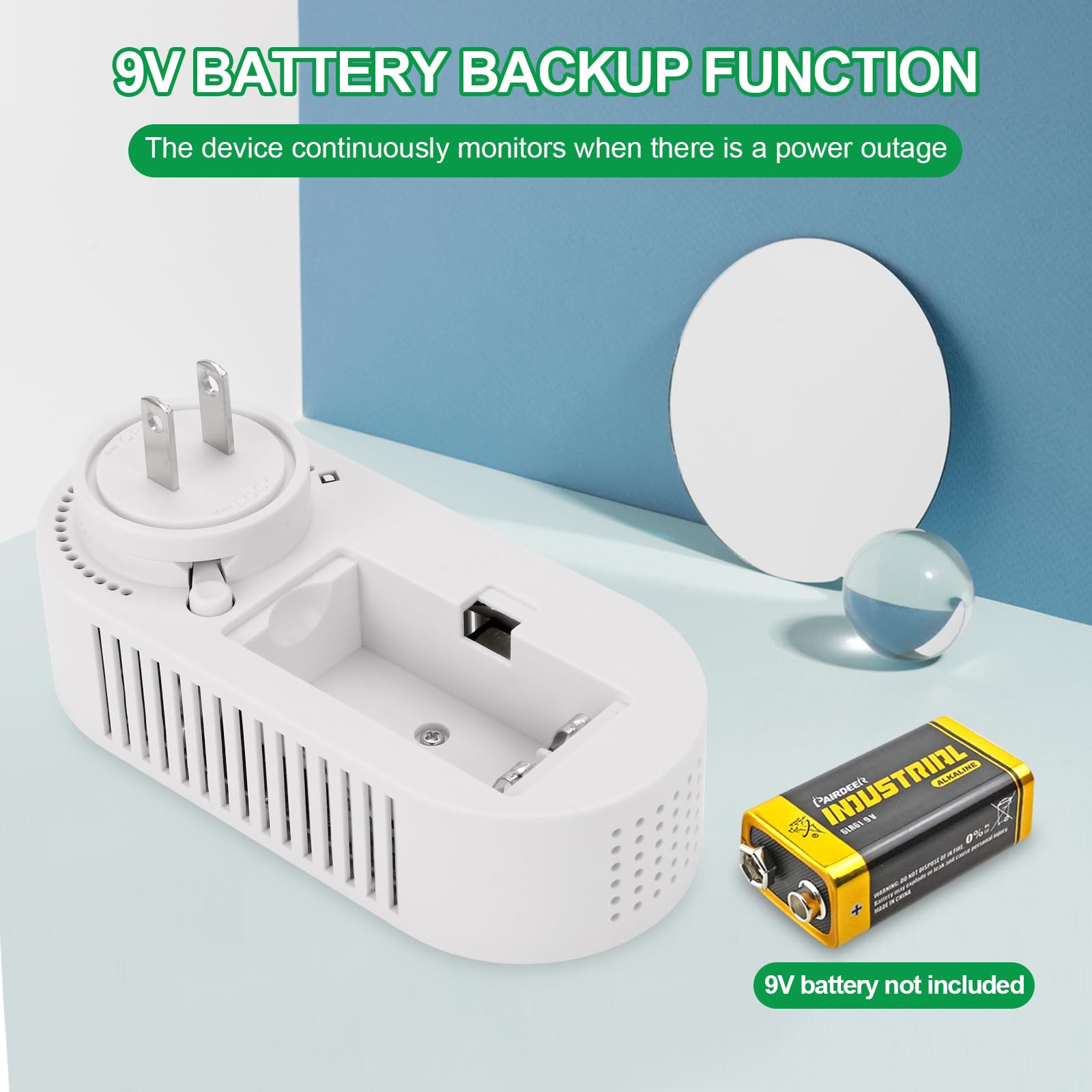 KOABBIT detector includes 9V battery backup for uninterrupted monitoring.