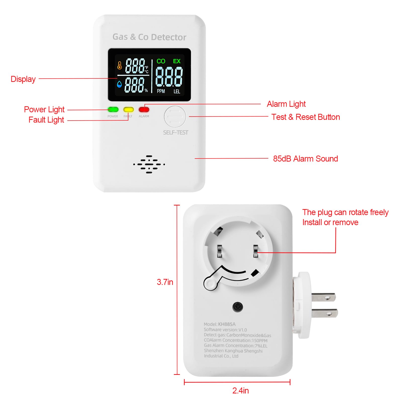 KOABBIT digital display shows CO, gas, temperature, and humidity at a glance