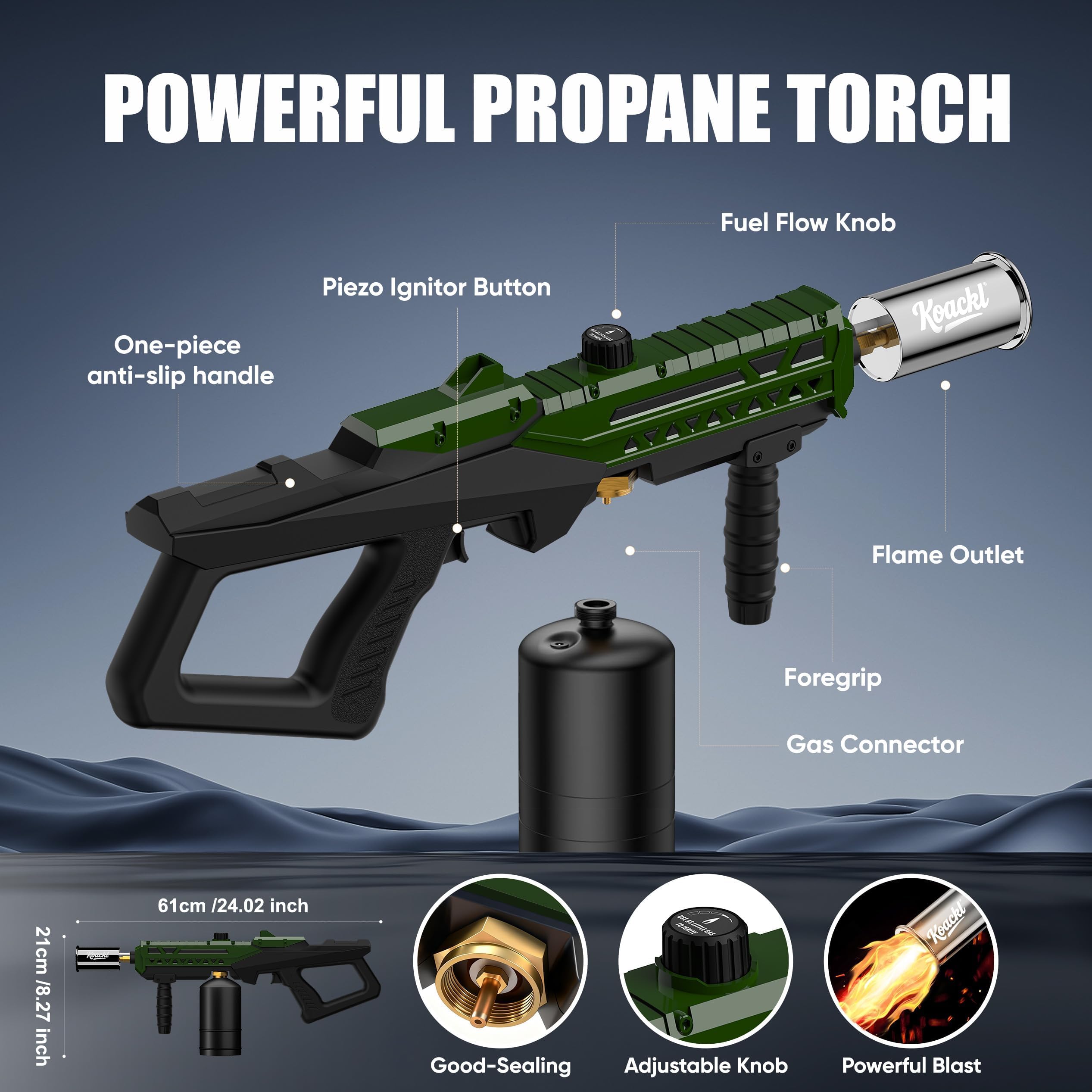 Koackl propane torch gun flame adjustment for versatile heating outdoors