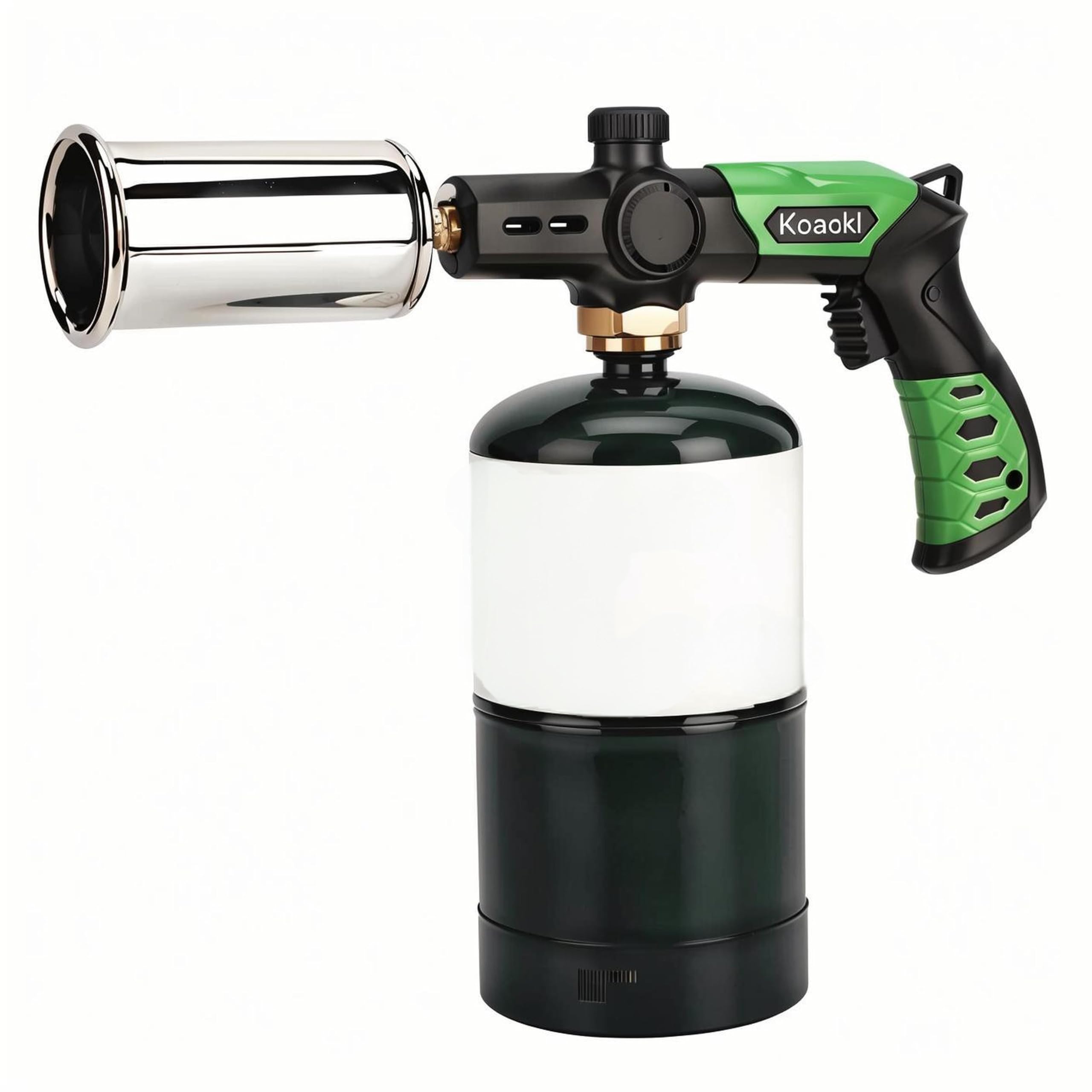 Koackl propane torch head for precise searing and caramelization in home cooking