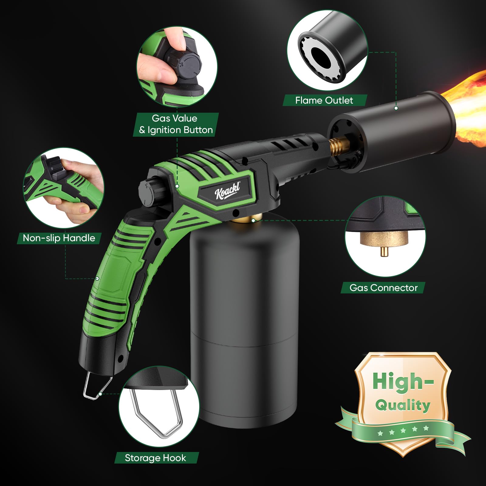 Koackl torch head showing adjustable flame control for precise cooking and metalwork.