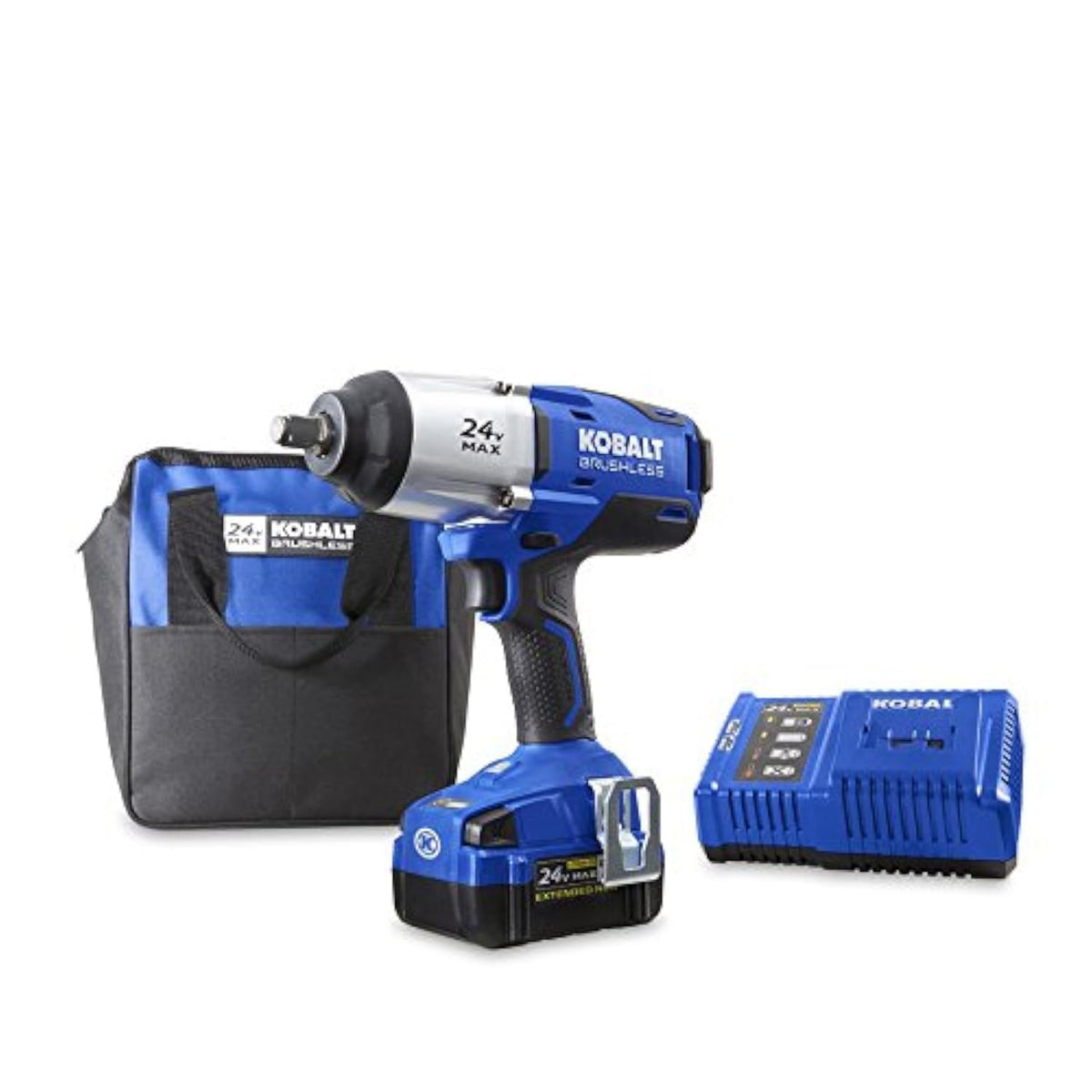 Kobalt 24V Max 1/2-inch drive cordless impact wrench in use for heavy-duty fastener loosening.