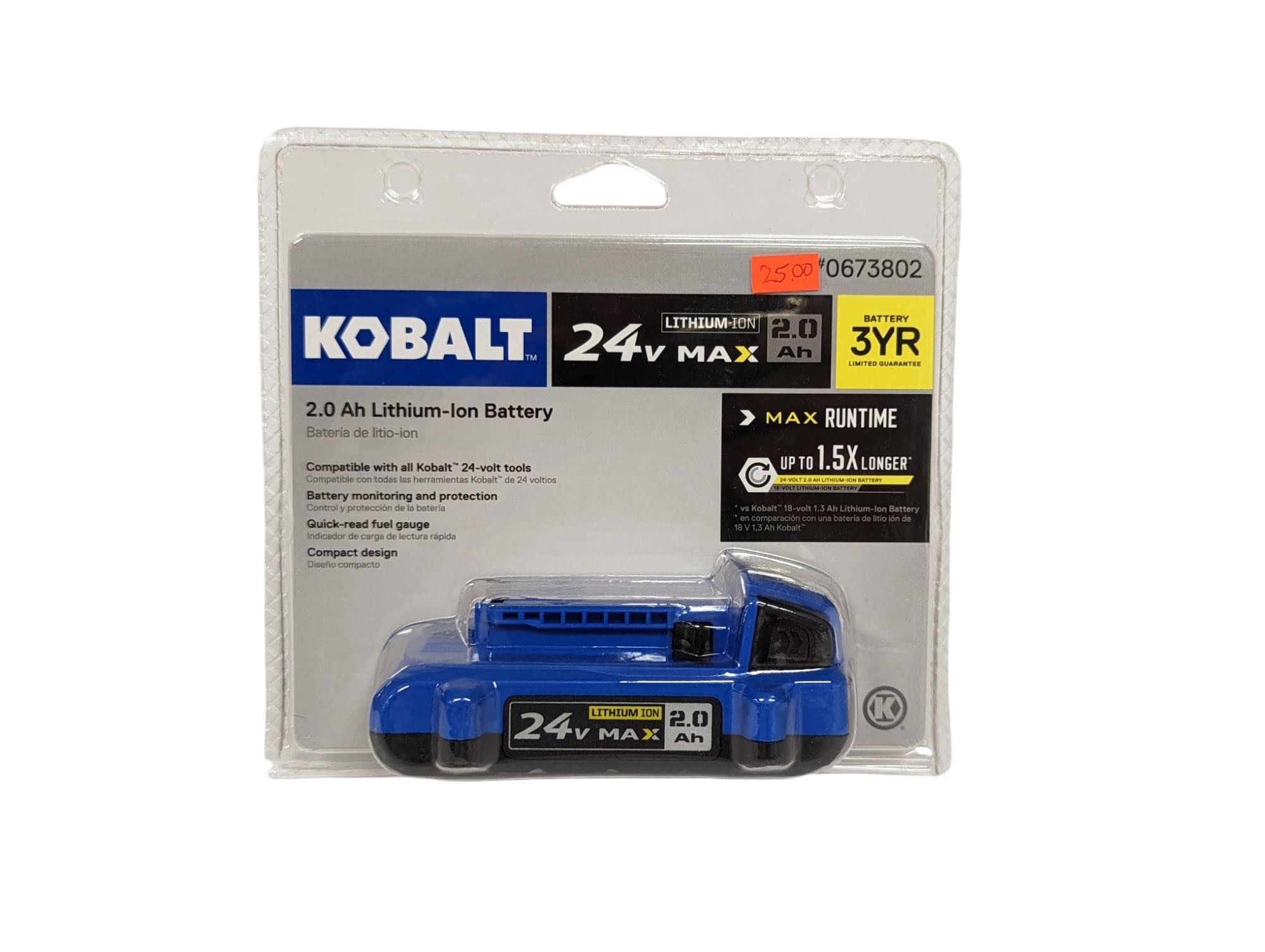 Kobalt 24V Max 2.0Ah battery front view provides reliable power for tools.