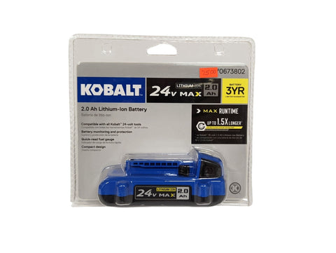 Kobalt 24V Max 2.0Ah battery front view provides reliable power for tools.