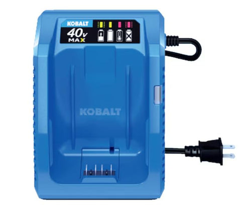 Kobalt 40V compact charger, top-load design for quick, secure battery charging.
