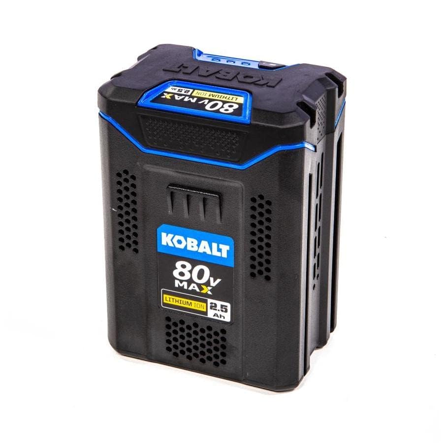 Kobalt 80V battery charging image shows quick 40-minute recharge for less downtime.