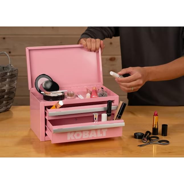 Kobalt mini 2-drawer tool box pink with drawer open reveals organized space for small parts.