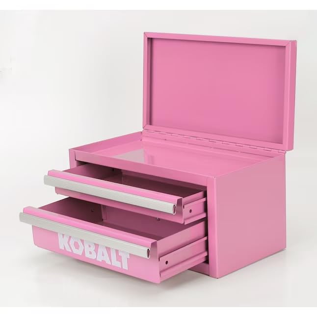 Kobalt mini 2-drawer tool box pink shows magnetic lock for secure, easy access.