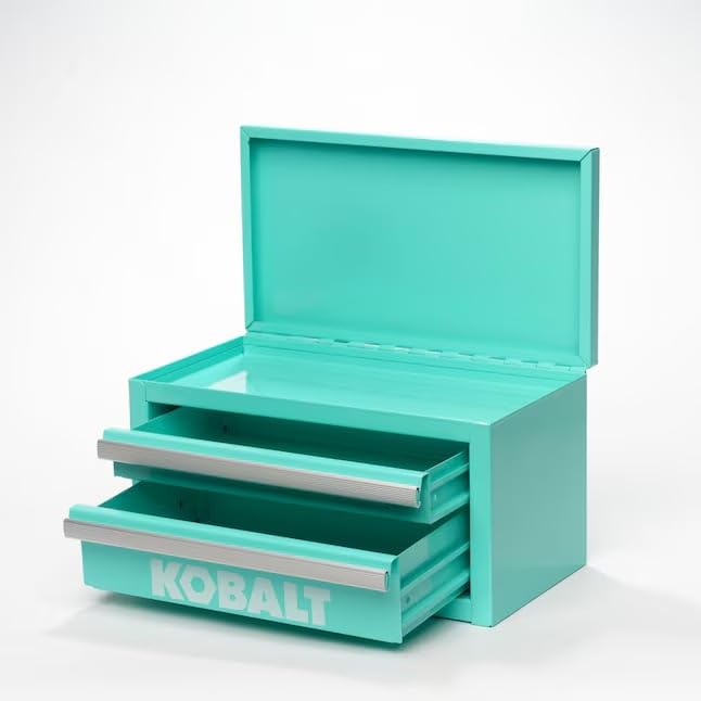 Kobalt mini 2-drawer toolbox teal close-up of aluminum trim.
