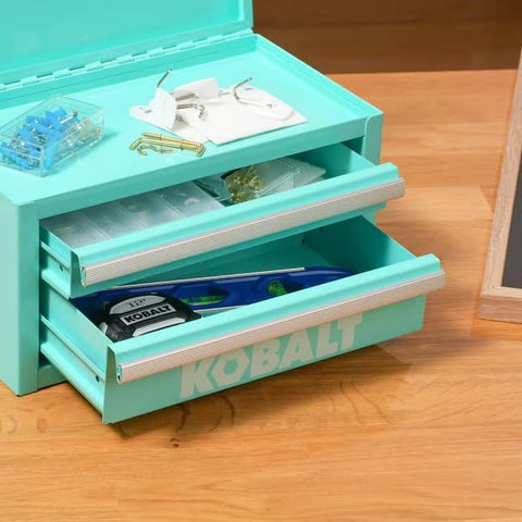 Kobalt mini 2-drawer toolbox teal with drawer open for easy access.