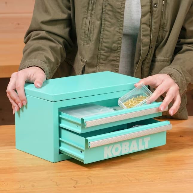 Kobalt mini toolbox teal in workshop setting for on-the-go tasks.