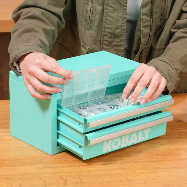 Kobalt mini toolbox teal with magnetic lock for secure storage.