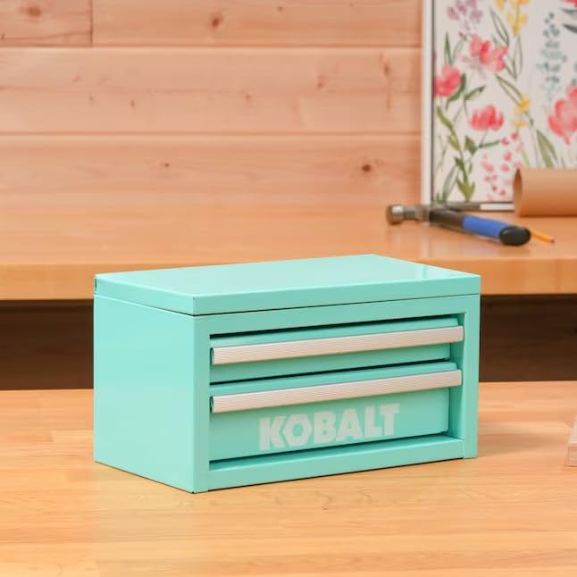 Kobalt mini toolbox teal close-up showing powder-coated finish durability.