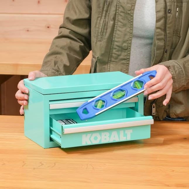 Kobalt mini toolbox teal ready for portable storage and quick repairs.