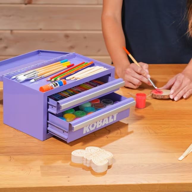 KOBALT Lavender mini tool box in use on a workbench for quick access.