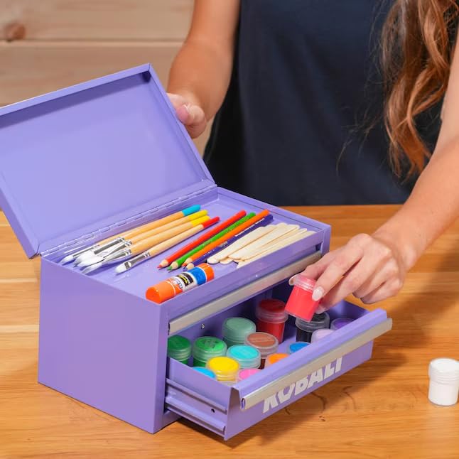 KOBALT Lavender mini tool box open drawer showing organized components.