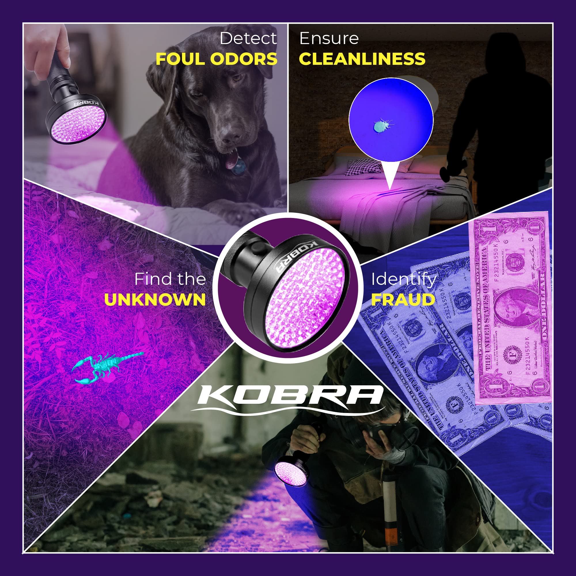 Kobra UV Black Light Flashlight spots bed bugs in hotels after dark.
