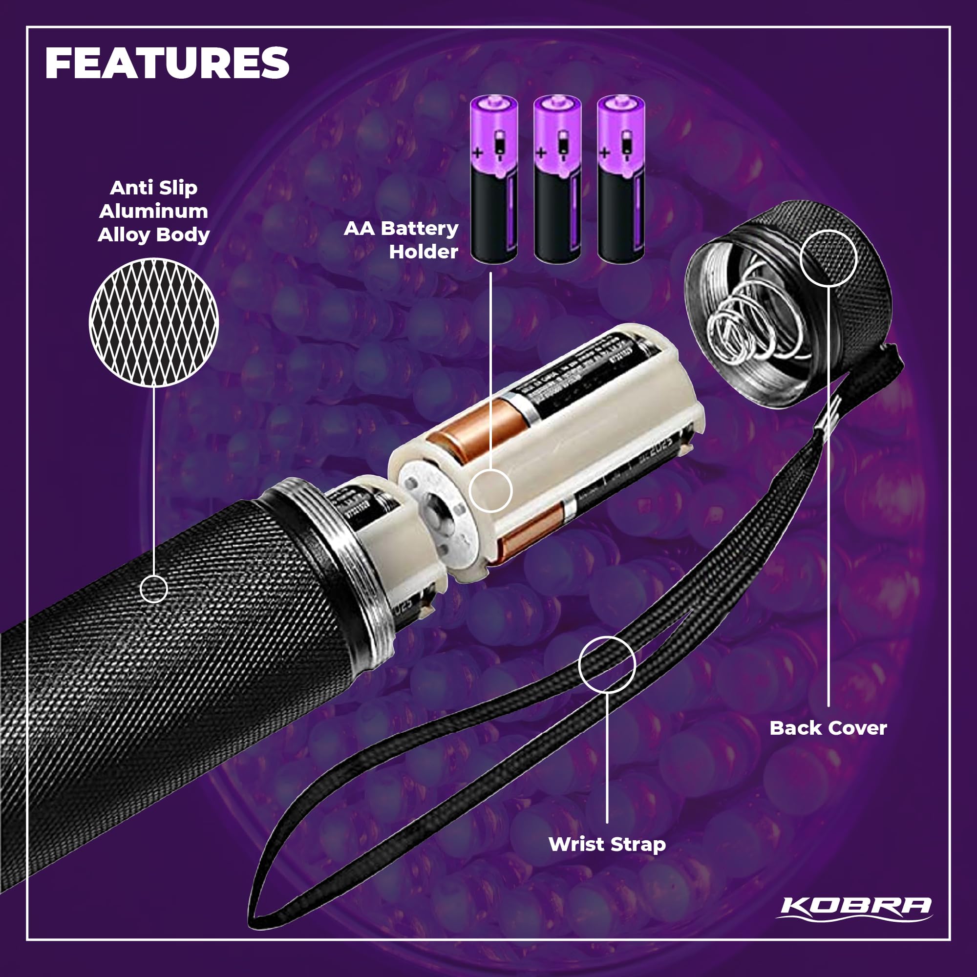 KOBRA UV flashlight used for counterfeit money inspection with glowing features.