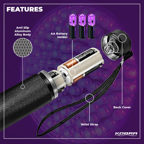 KOBRA UV flashlight used for counterfeit money inspection with glowing features.