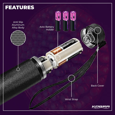 Kobra UV Black Light Flashlight detects leaks using UV-dyed fluids.