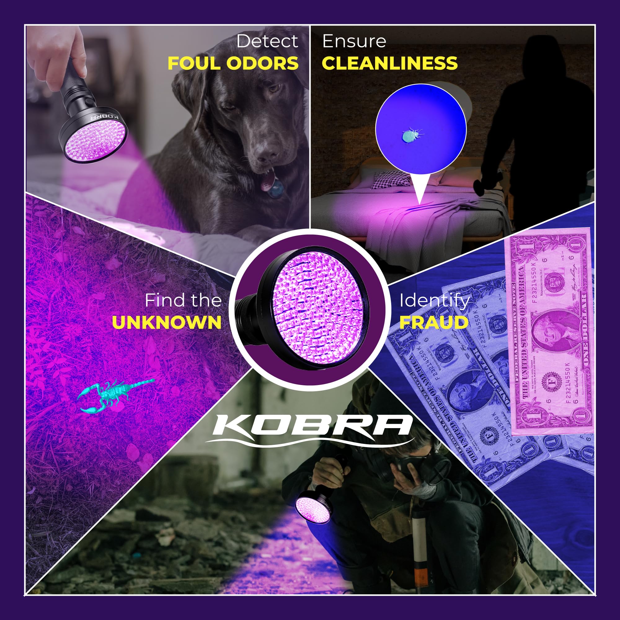 KOBRA UV flashlight in travel and camping setup for on-the-go detection.