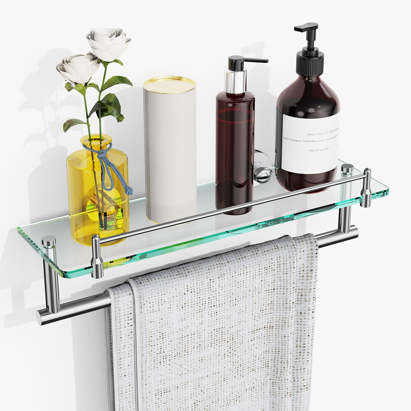 KOCOK 16-inch floating glass shelf with towel bar saves space in your bathroom.