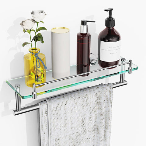 KOCOK 16-inch floating glass shelf with towel bar saves space in your bathroom.