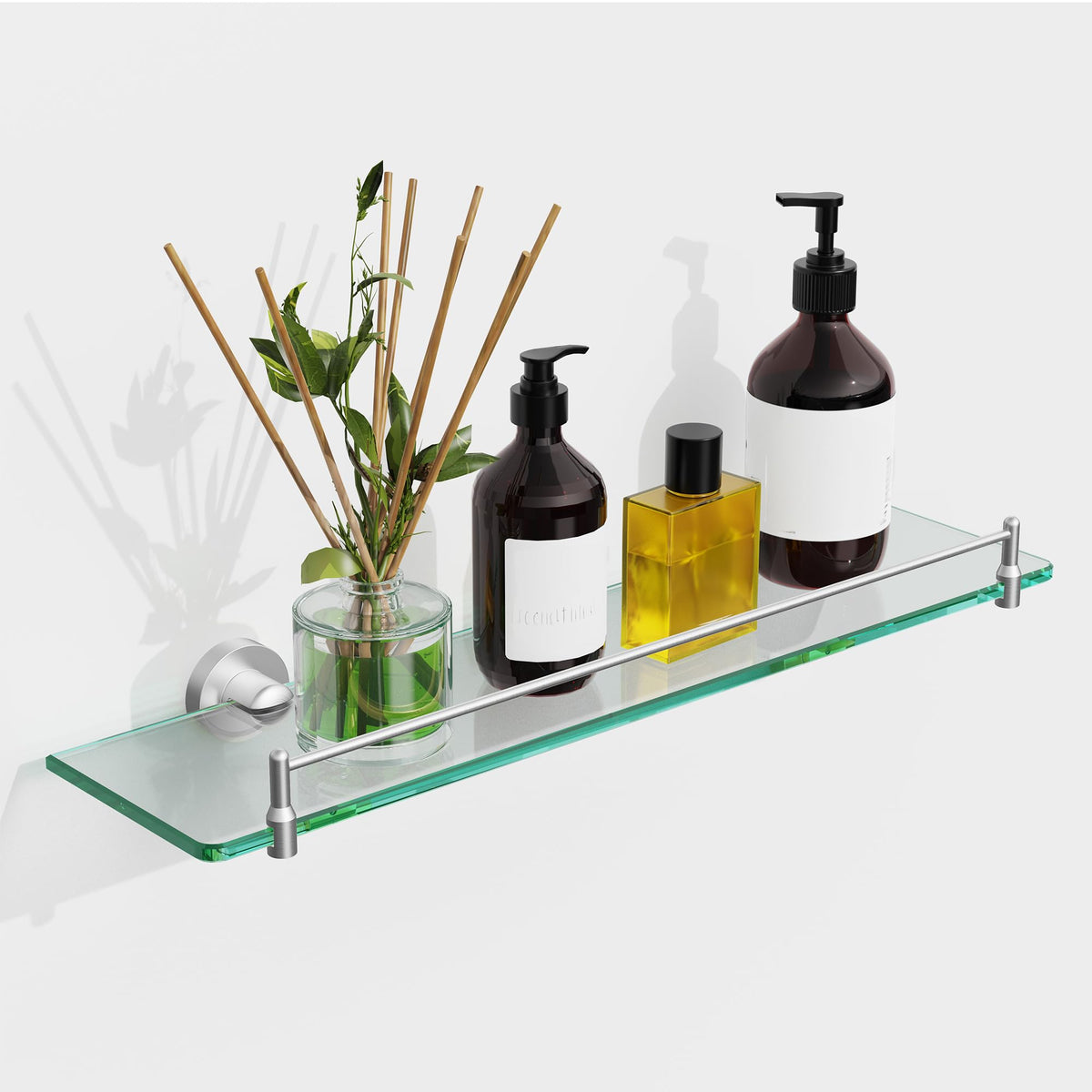 KOCOK 20-inch glass shelf with brushed-nickel wall mount keeps bathroom essentials organized.