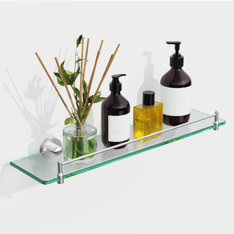 KOCOK 20-inch glass shelf with brushed-nickel wall mount keeps bathroom essentials organized.