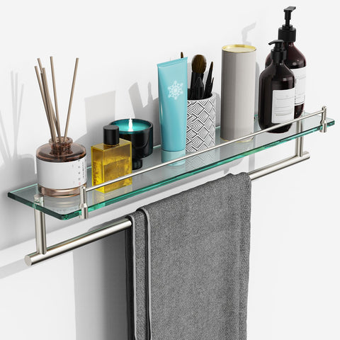 KOCOK 24-inch tempered glass shelf with towel bar offers spacious, space-saving bathroom storage.