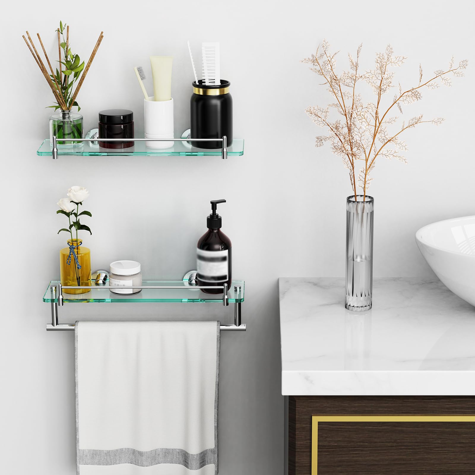 KOCOK bathroom shelf in use with towels for easy accessibility.